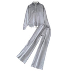 Women's Loungewear Set with Ribbed Texture and Button Detail