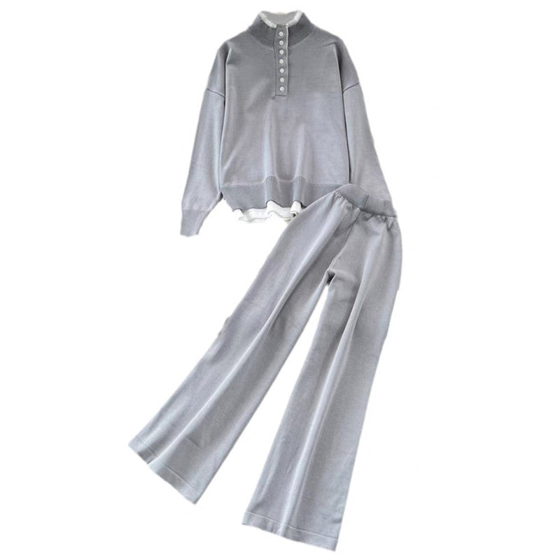 Women's Loungewear Set with Ribbed Texture and Button Detail