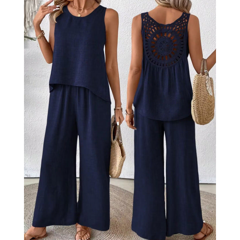 Women's Fashionable Two-Piece Set with Wide-Leg Pants and Sleeveless Top