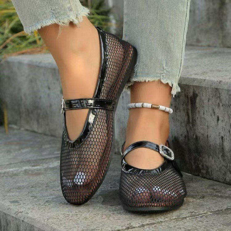 Women's Ballet Flats with Mesh Design and Chain Appliqué