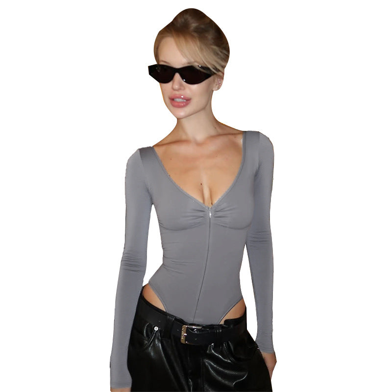 Women's Long-Sleeve Bodysuit with Deep V-Neck