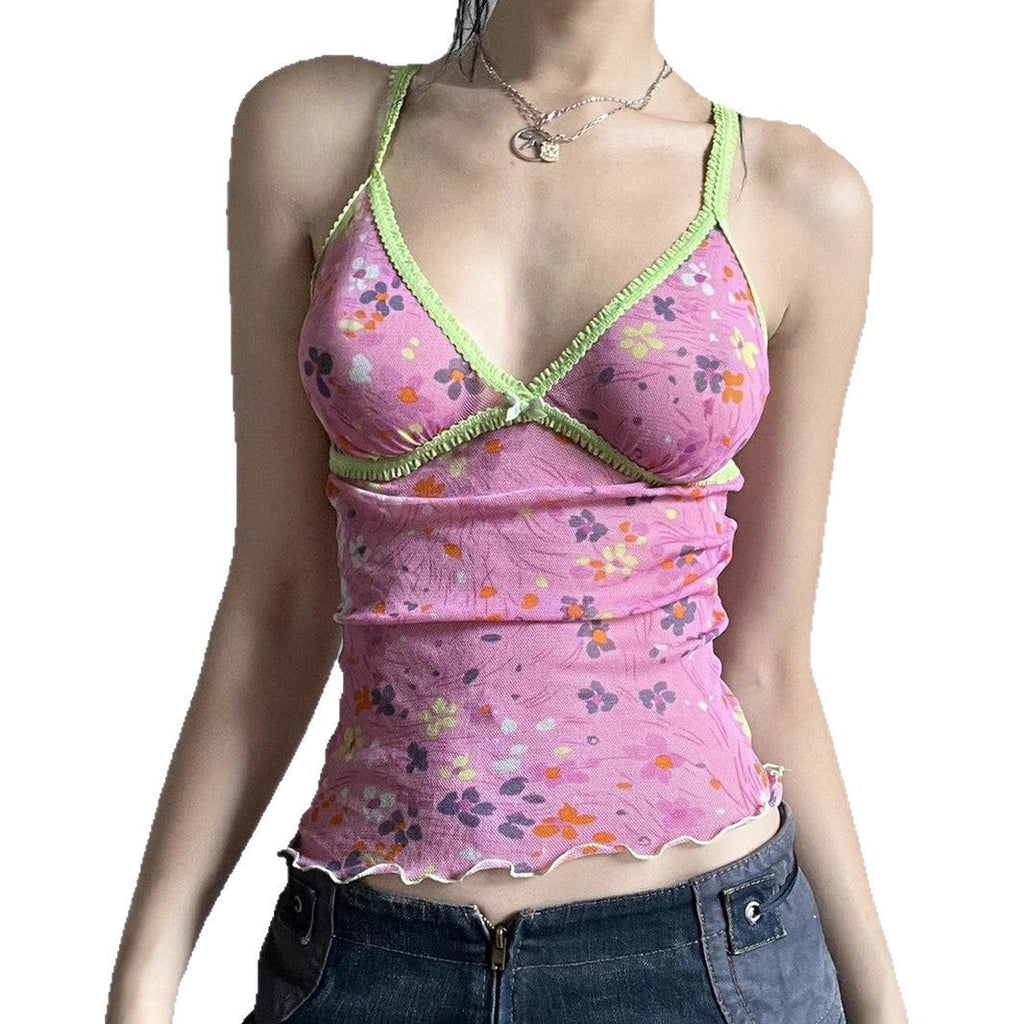Women's Floral Spaghetti Strap Top with Ruffle Details