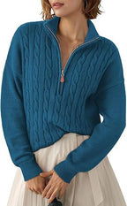 Women's Chunky Knit Sweater with Mock Neck and Half-Zip
