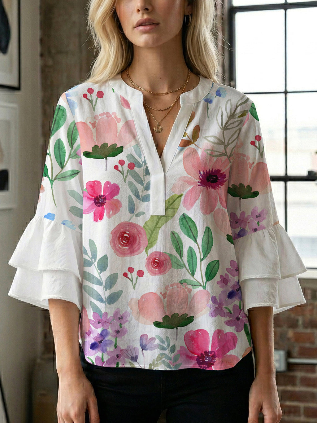 Women's Floral Top with Voluminous Ruffled Sleeves