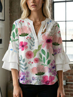 Women's Floral Top with Voluminous Ruffled Sleeves