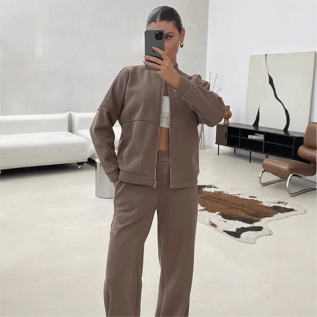 Women's Casual Zip Lounge Set with Stand Collar and Wide High-Waist Joggers