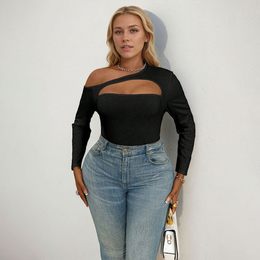 Women's Bodysuit with Asymmetric Cut-Out and Long Sleeves