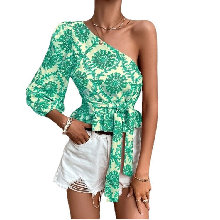 Women's Asymmetrical Top with Voluminous Sleeve and Waist Belt