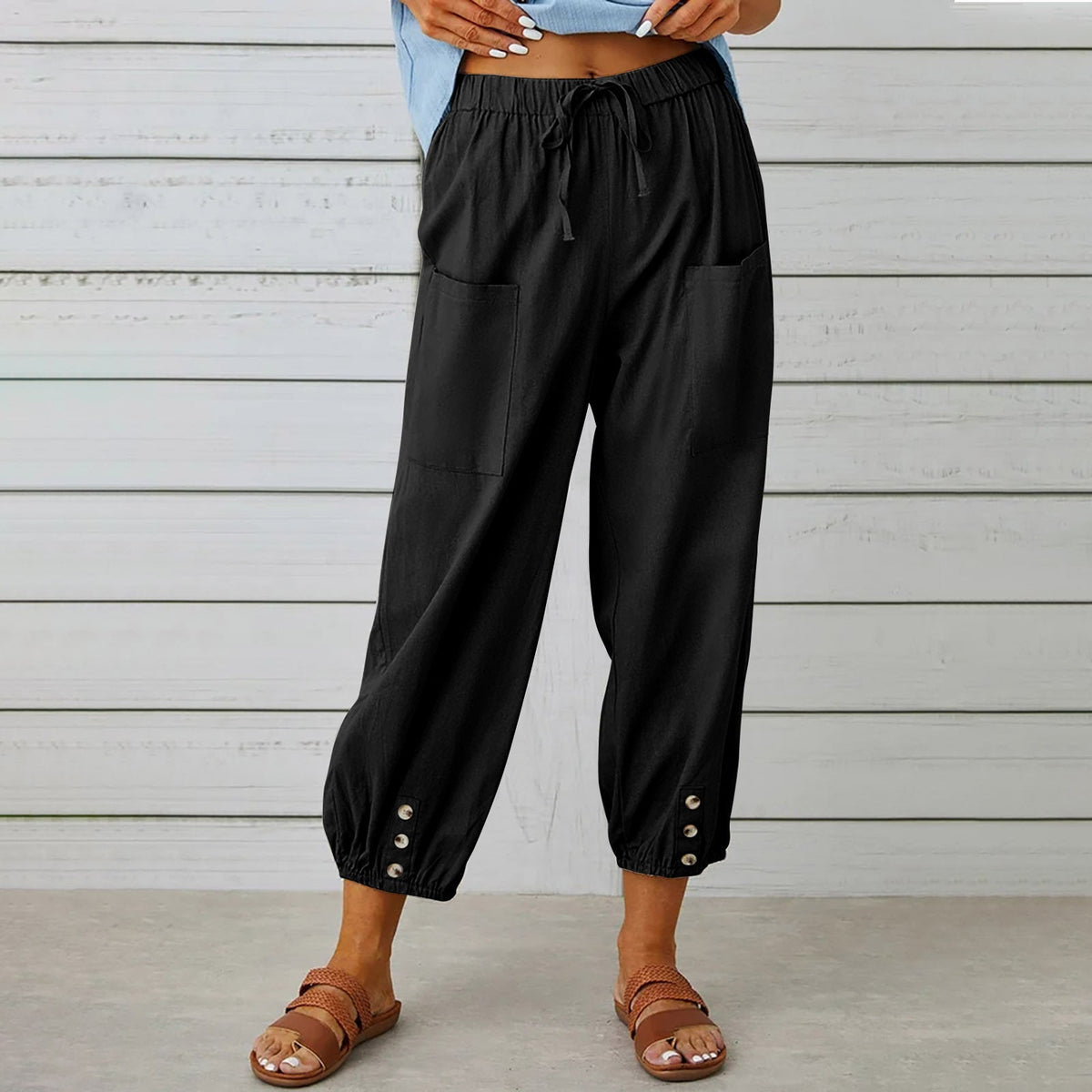 Women's Comfortable Casual Pants with Side Pockets and Cuffs