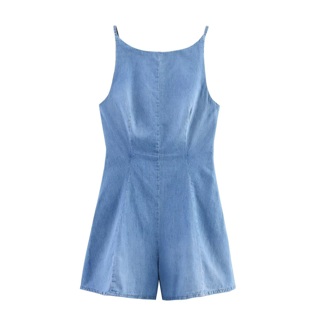 Women's Slim-Fit Denim Jumpsuit with Adjustable Straps