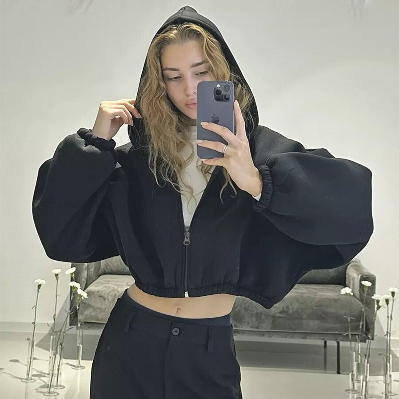 Women's Cropped Hoodie with Oversized Sleeves