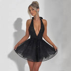 Women's Sleeveless Mini Dress with Deep V-Neck and Sparkling Glitter