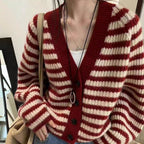 Women's Striped Cardigan with Wide Cut and Button Details