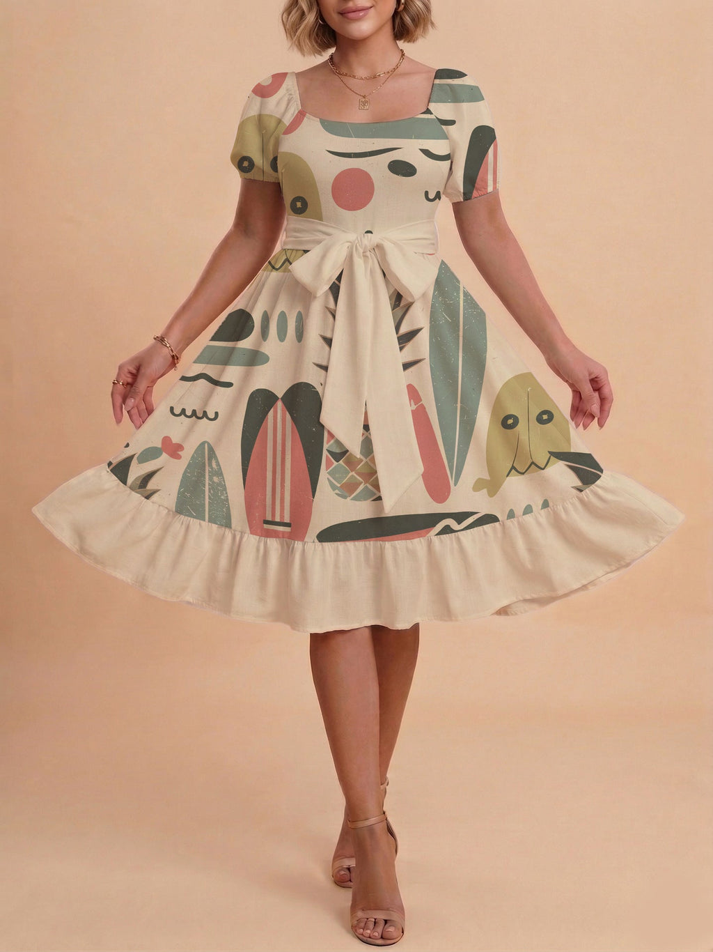 Women's A-Line Dress with Floral Motifs and Adjustable Belt