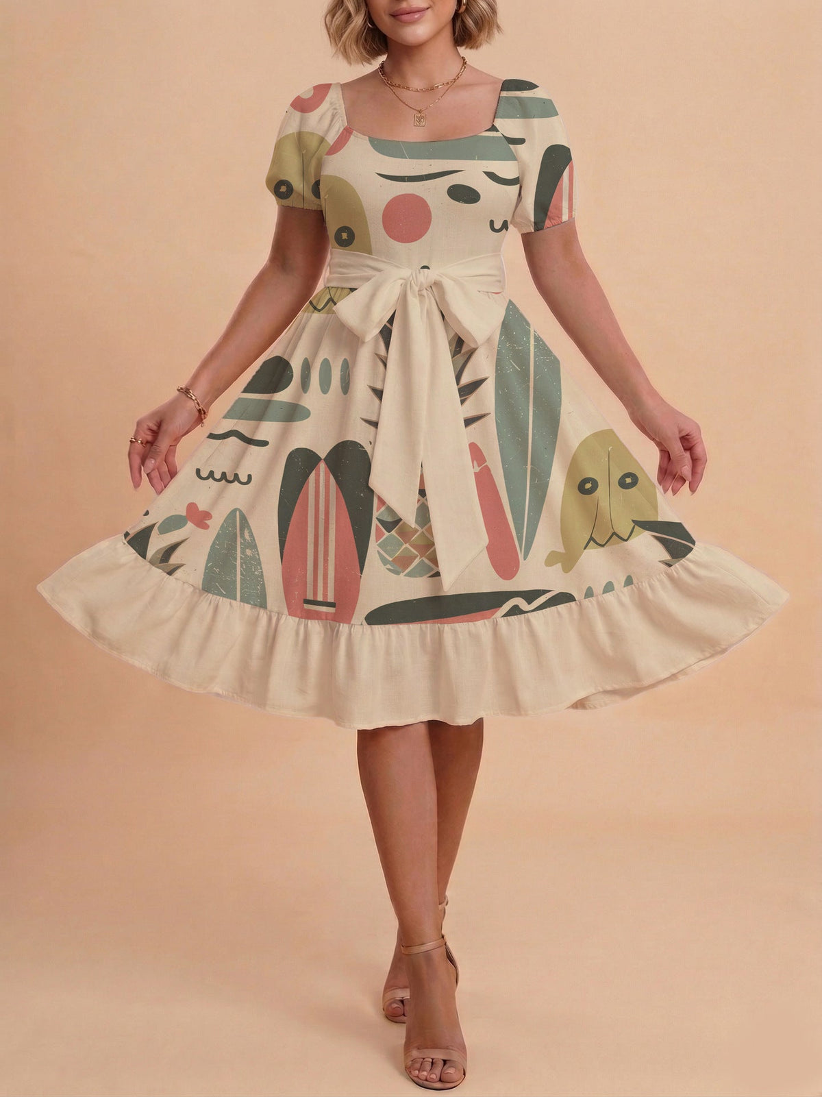 Women's A-Line Dress with Floral Motifs and Adjustable Belt