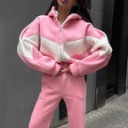 Women's athleisure two-piece made of heavy neoprene fleece with geometric dividing seams and high waist
