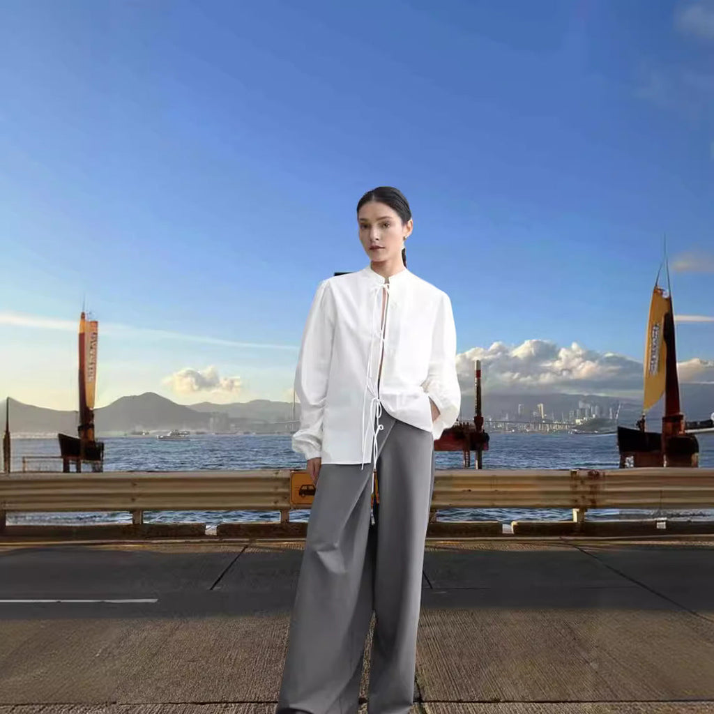 Button-Down Blouse with Decorative Tie Detail