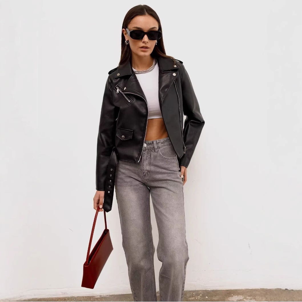 Women's Biker Jacket with Buckle Closure