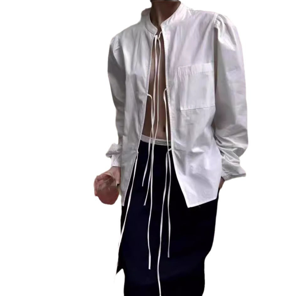 Button-Down Blouse with Decorative Tie Detail