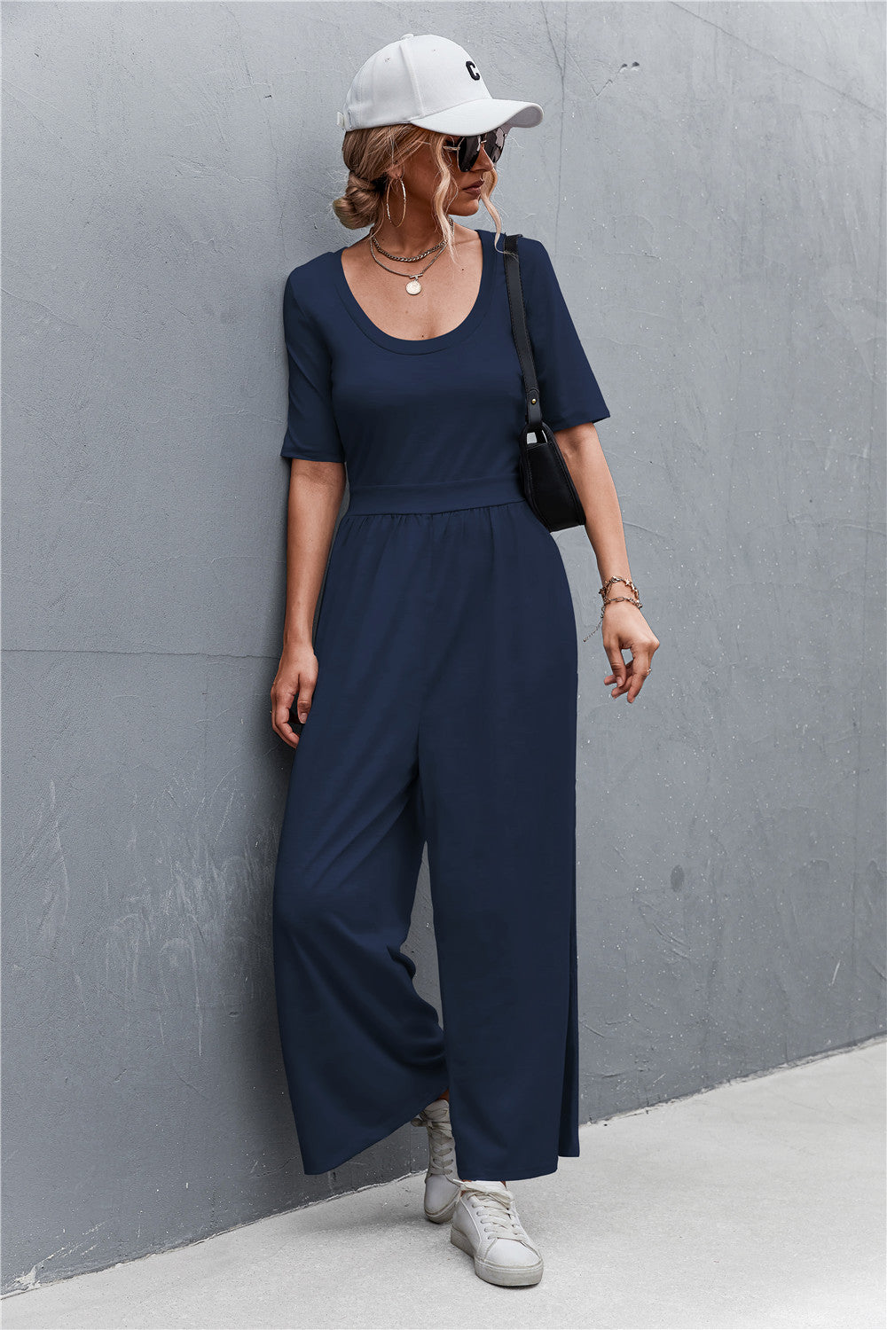 Women's Wide-Leg Jumpsuit with Elegant Round Neck