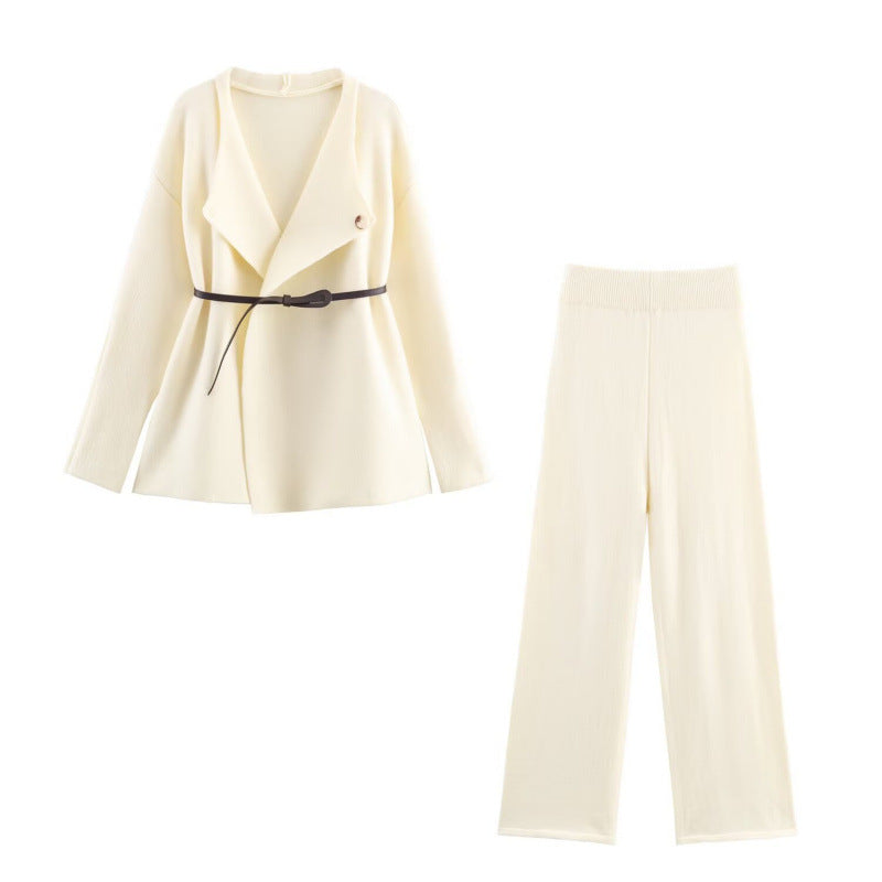 Women's Elegant Knit Set with Tailored Blazer and Wide-Leg Pants