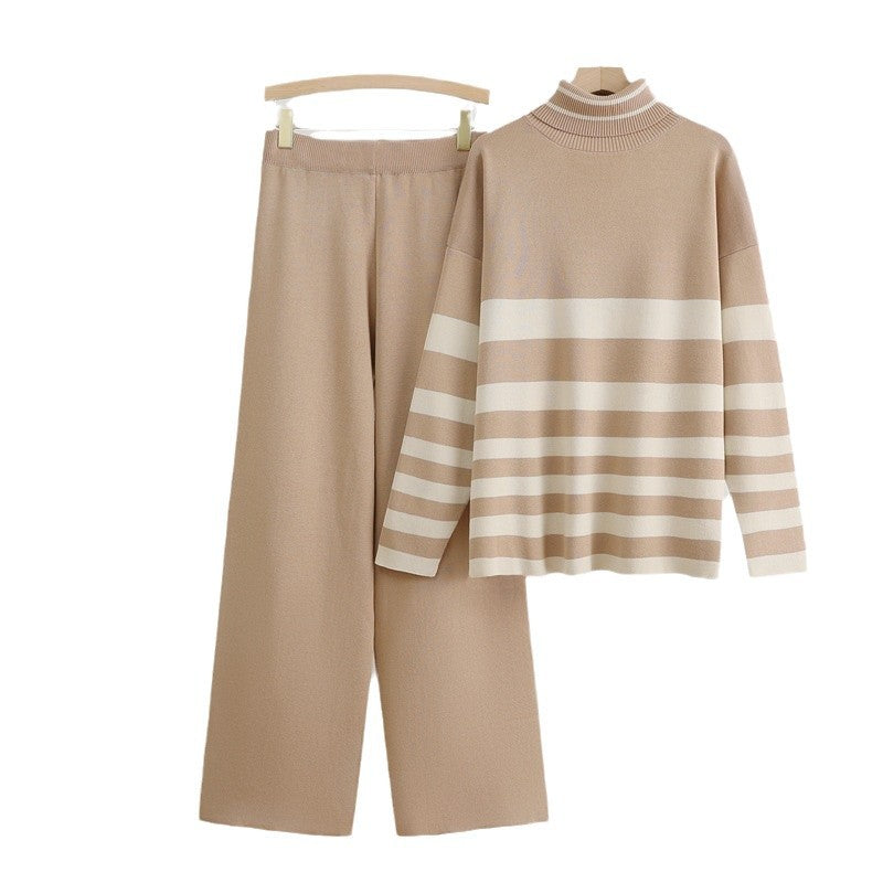 Women's Knit Loungewear Set with High Collar and Stripes
