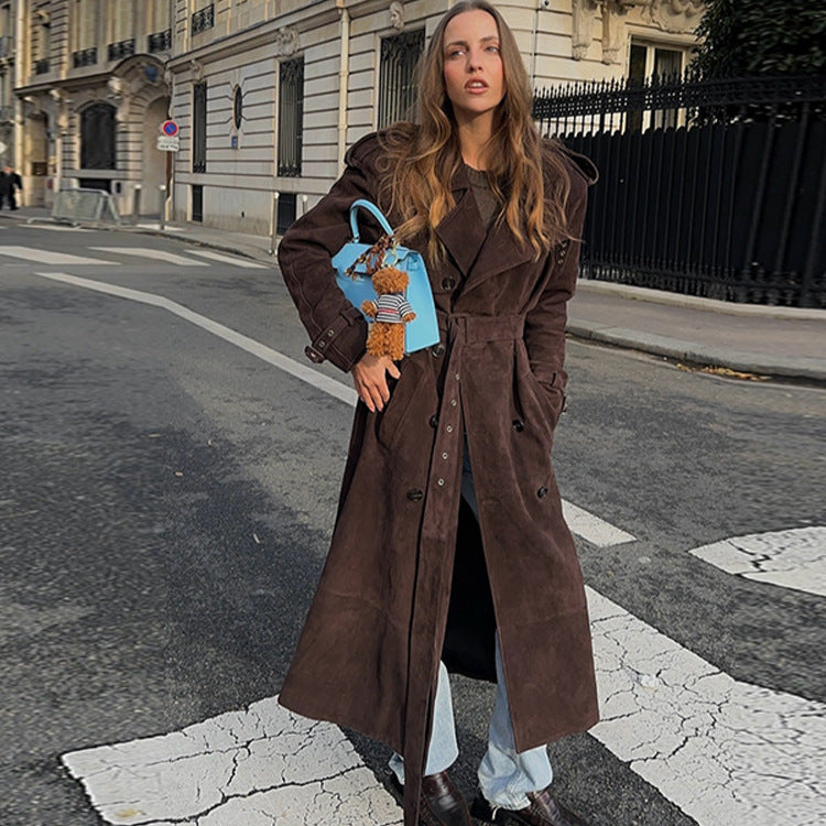 Women's Long Faux Suede Trench Coat with Fashionable Details