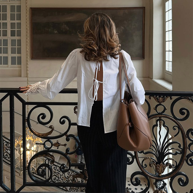 Women's Blouse with Lace Accents and Puff Sleeves