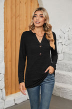 Women's Long-Sleeve Shirt with Button Placket and V-Neck