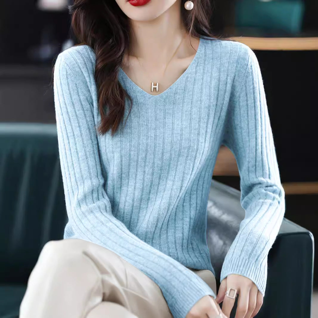 Women's V-Neck Ribbed Fine Knit Sweater
