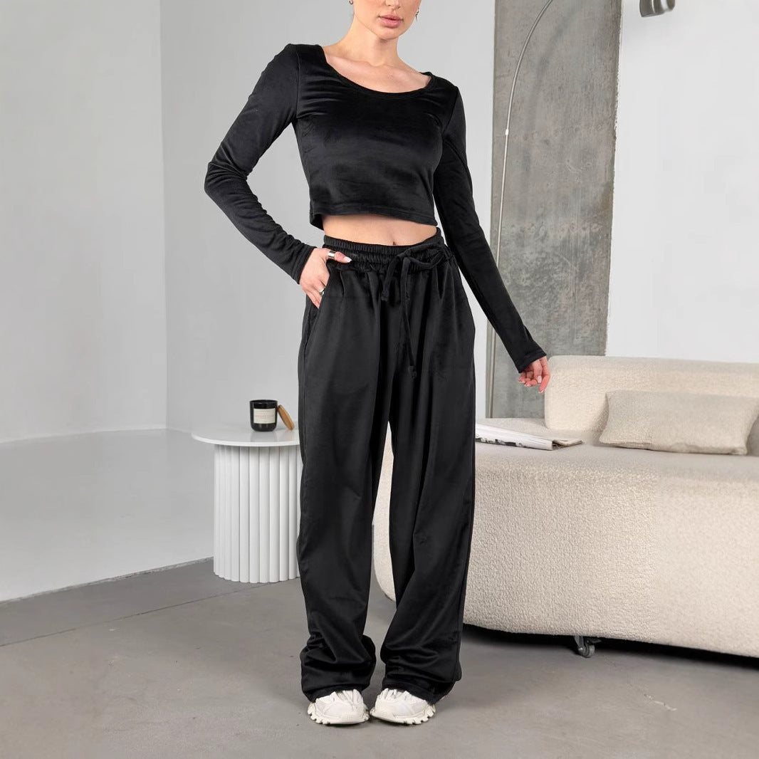 Women's Fashionable Crop Top and Comfortable Leisure Trousers Set
