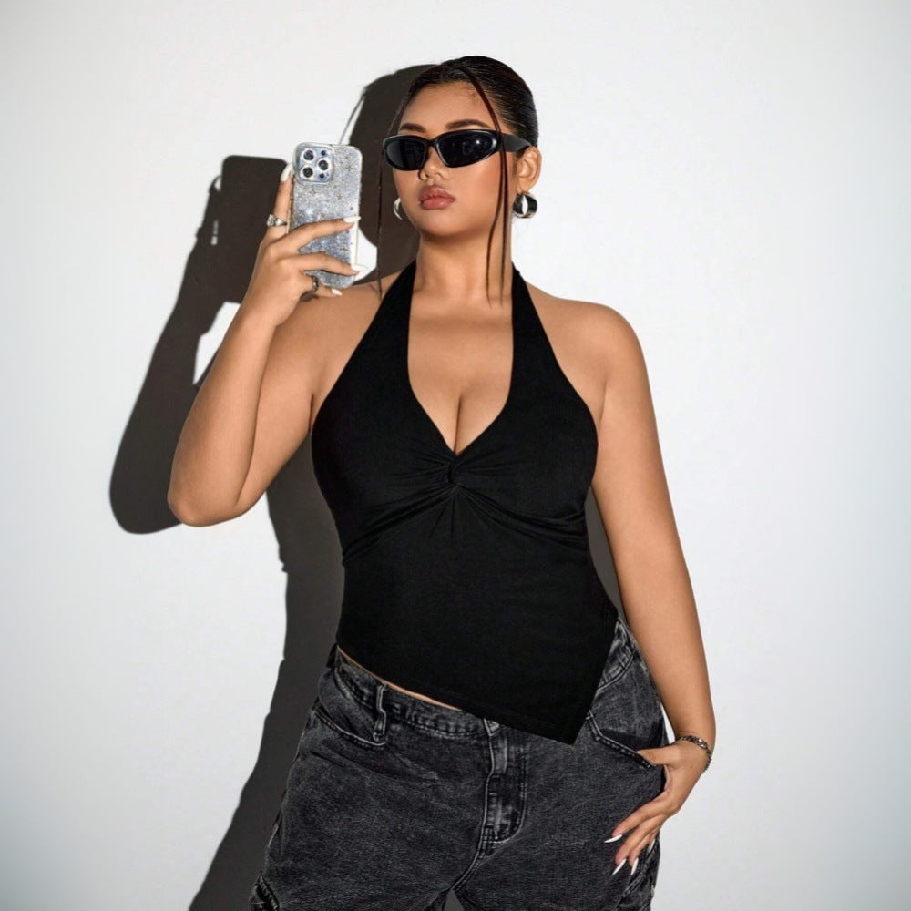 Sleeveless Top with Tie-Front V-Neck and Asymmetric Hem