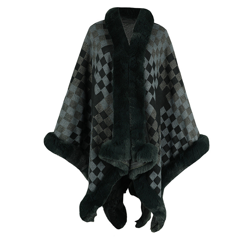 Women's Knit Poncho with Faux Fur Trim