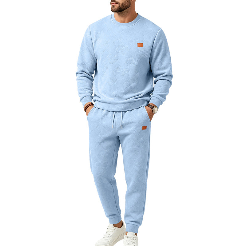 Men's leisure jogging suit made of textured fleece with round neckline and drawstring waistband