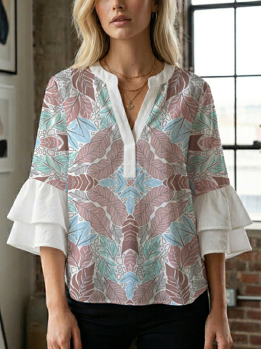 Women's Floral Top with Voluminous Ruffled Sleeves