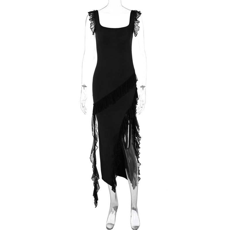 Women's Asymmetrical Maxi Dress with Ruffles and High Slit
