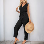 Elegant Women's Jumpsuit with Lace Sleeve Accents and Belt