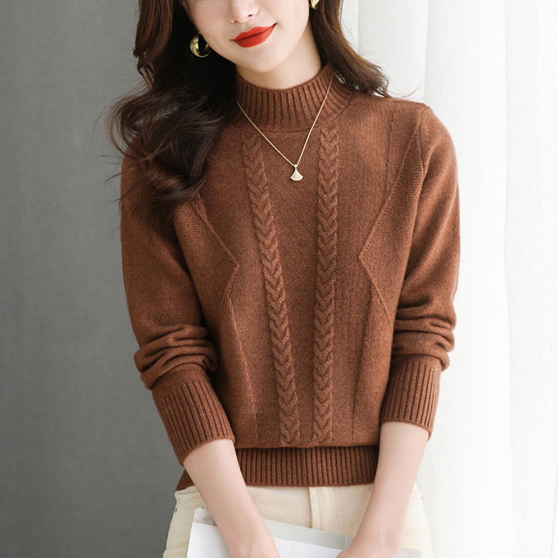 Women's Chunky Knit Sweater with Cable Pattern and High Neck