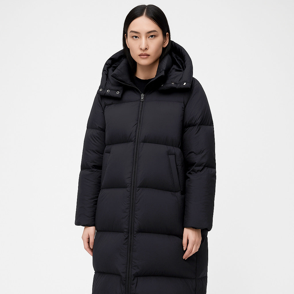 Women's Long Voluminous Down Coat with Detachable Hood and Side Pockets