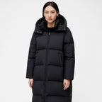 Women's Long Voluminous Down Coat with Detachable Hood and Side Pockets