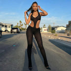 Women's Cut-Out Bodycon Jumpsuit with Deep V-Neck and Crochet Texture