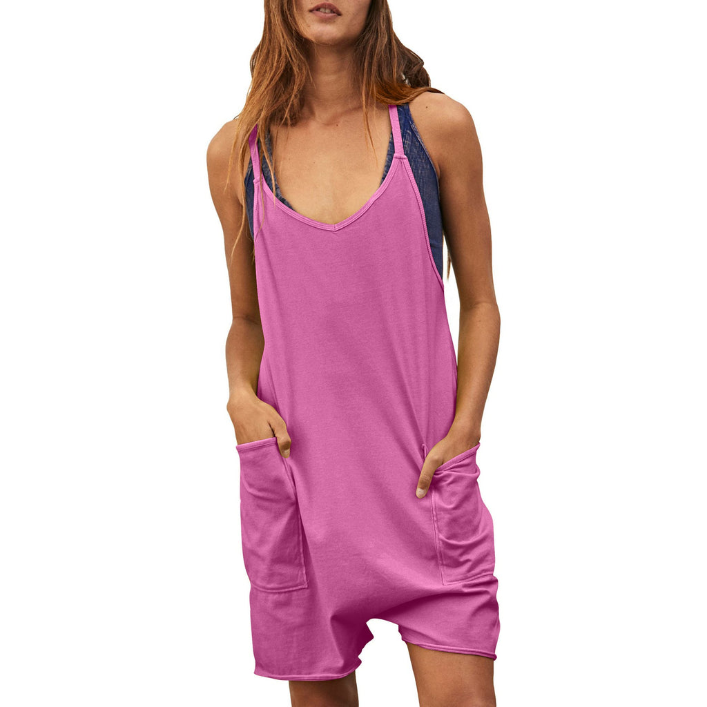 Women's Comfortable Jumpsuit with Deep Neckline and Pockets