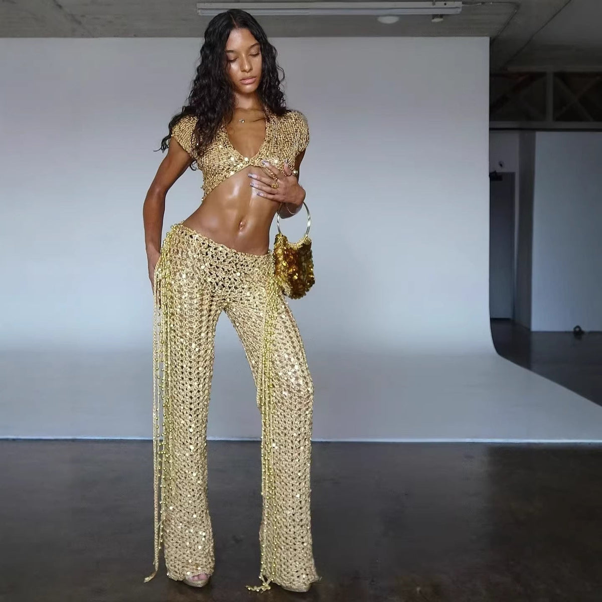 Women's Glittering Festival Outfit with Short Skirt and Bandeau Top