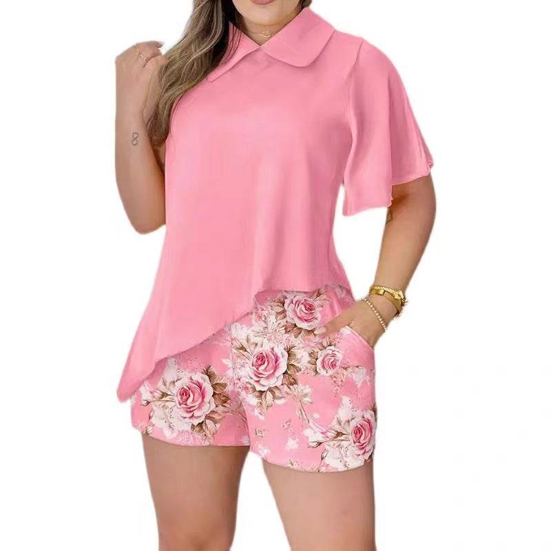 Women's Fashionable Short-Sleeve Top with Romantic Collar and Floral Shorts