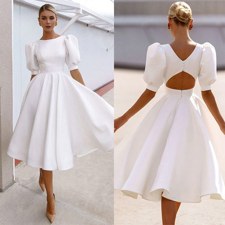 Women's A-Line Dress with Puff Sleeves and Fitted Waist