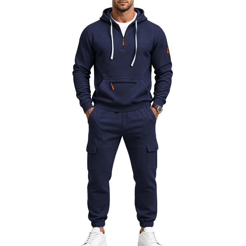 Men's Two-Piece Fleece Loungewear Set with Half-Zip Hoodie and Cargo Joggers
