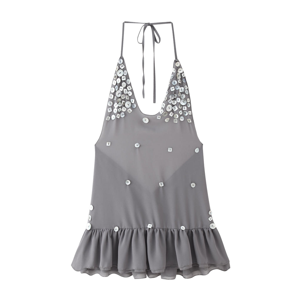 Women's Sleeveless Summer Top with Sparkling Sequins and Ruffled Hem