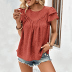 Women's Blouse with Simple Ruffle Sleeves and Fine Polka Dot Pattern