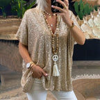 Women's Glamorous Sequin Tunic Shirt with V-Neck