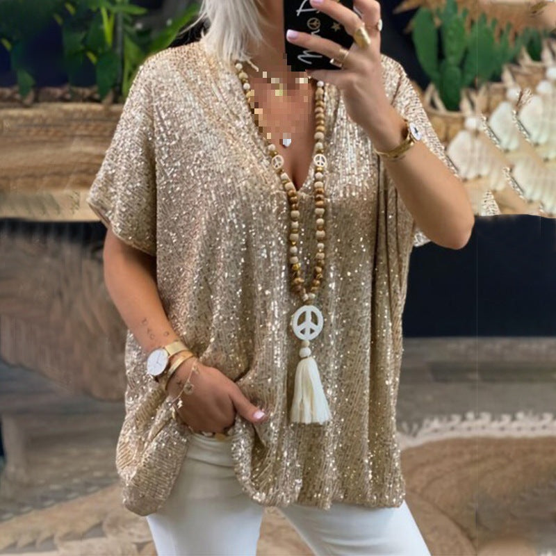 Women's Glamorous Sequin Tunic Shirt with V-Neck
